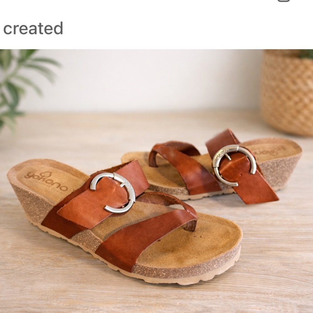 Yokono Women's Leather Buckle Wedge Brown Sandals